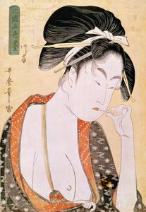 Vrouw die naar de lippen verlangt Japanse prent door Utamaro Kitagawa (1753-1806). 18e eeuw. Parijs, Guimet Museum, Aziatisch Kunstmuseum