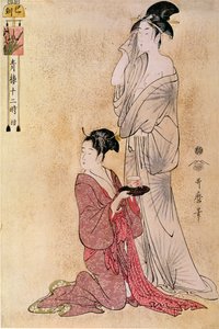 Vrouw wordt geholpen door haar dienstmeid Japanse prent door Utamaro Kitagawa (1753-1806). 18e eeuw. Parijs, Guimet Museum, Aziatische Kunst Museum