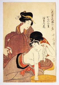 Vrouw die zichzelf wast, circa 1803, illustratie door Kitagawa Utamaro uit Hana Awase Kesho Kurabe, Aiban-tate-e houtsnede, Japanse beschaving, Edo-periode door Kitagawa Utamaro