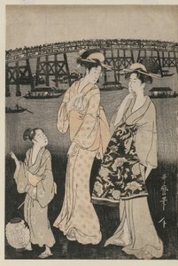 Vrouwen Genieten van de Avondkoelte bij de Ryogoku-brug