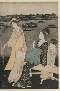 Vrouwen Genieten van de Avondkoelte bij de Ryogoku-brug
