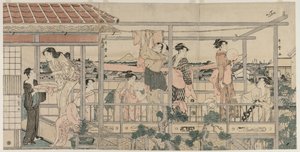 Vrouwen hangen wasgoed te drogen op een balkon door Kitagawa Utamaro