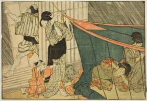 Vrouwen Binnen een Muskietennet Tijdens een Onweersbui, uit het geïllustreerde boek "Prentenboek: Bloemen van de Vier Seizoenen," deel 1 door Kitagawa Utamaro