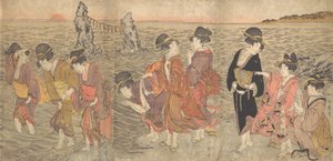 Vrouwen die de Opkomende Zon aanbidden tussen de Tweelingrotsen bij Ise, laat 18e-begin 19e eeuw door Kitagawa Utamaro