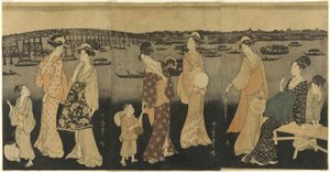 Vrouwen kijken naar vuurwerk bij de Sumida Rivier door Kitagawa Utamaro