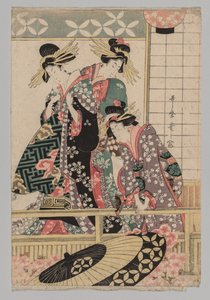 Yoshiwara-vrouwen kijken de straat in in de lente door Kitagawa Utamaro