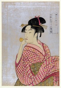 Jonge vrouw die een glazen pijp blaast door Kitagawa Utamaro