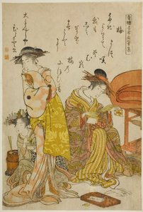 De courtisane Hitomoto van de Daimonjiya, uit het album "Vergelijking van nieuwe schoonheden van de Yoshiwara - Een spiegel van hun eigen geschriften (Keisei shin bijin awase jikihitsu kagami)"