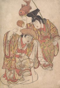 Jongens die zich verkleden als Daikoku en Ebisu door Kitao Shigemasa