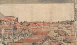 Landschap met waterfestival en lantaarns door Kitao Shigemasa