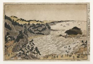 Uitzicht op de Gouden Schildpadheuvel bij Enoshima en Shichiri-strand vanaf de Kamakura-bergen, 1783-90