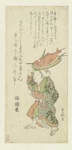 Vrouw die een dienblad met vis op haar hoofd draagt door Kitao Shigemasa
