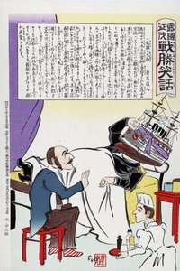 Russisch-Japanse Oorlog 1904-1905: Russische dokter en verpleegster verzorgen man met een zere hoofd in de vorm van een slagschip. Japanse marine viel Russische marine aan bij Port Arthur in februari 1904. Kobayashi Kiyochika (1847-1915) Japanse kunstenaar