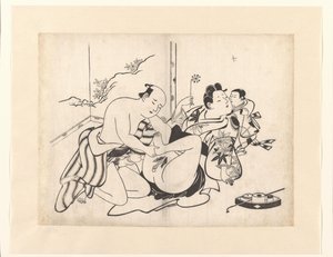 Erotische voorstelling met rookgerei en kamerscherm door Kiyonobu (I) , Torii