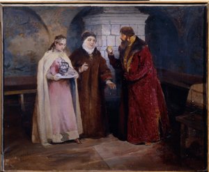 Het kiezen van een bruid. In de tijd van de Domostroi (16e eeuw), een man doet een huwelijksaanzoek aan de moeder van een jong meisje, die een karaf op een zilveren dienblad draagt. Schilderij van Klavdi Vasilyevich Lebedev (1852-1916)