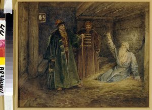 Tsaar Ivan IV de Verschrikkelijke (1530-1584) en Maliouta Skouratov (overleden in 1573) bezoeken de bojaar Morozov (?) in de gevangenis. Schilderij van Klavdi Vasilyevich Lebedev (1852-1916)