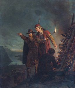 Het aansteken van de steenhoop door Knud Bergslien