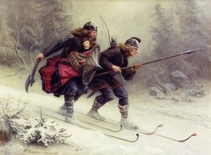 Soldaten voor de Noorse koning Sverre, Torstein Skevla en Skjervald Skrukka dragen de zoon van de koning Hakon Hakonsson door Knud Bergslien