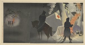 De kou trotserend, zetten onze troepen bivak op te Yingkou door Kobayashi Kiyochika