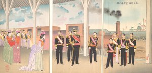 Illustratie van de aankomst van de keizer op Shinbashi Station na een overwinning Gaise..., 1895 door Kobayashi Kiyochika