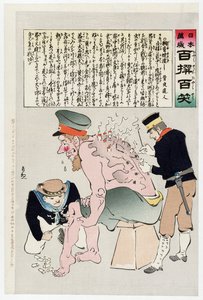 Russische soldaat wordt verzorgd door Japanse militaire personeel, gepubliceerd 1905