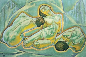 Drei kauernde Frauen - Drie gehurkte vrouwen ... (schilderij op doek) door Koloman Moser