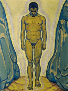 Staande jongemannenakte tussen rotsen door Koloman Moser