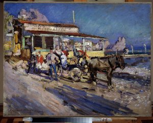 Gurzuf (Krim). Havenplaatsje genesteld in een baai, met uitzicht op de Berenberg. Schilderij van Konstantin Alexeyevich Korovin (1861-1939) door Konstantin Alekseevich Korovin
