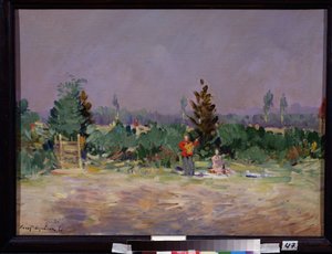 Een warme dag nabij Moskou. Een stel picknickt op het platteland, de man speelt gitaar door Konstantin Alekseevich Korovin
