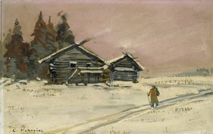 Winterlandschap met twee houten Hutten door Konstantin Alekseevich Korovin