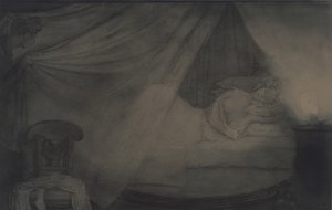 In de slaapkamer. Illustratie voor het gedicht Graaf Nulin door A. Poesjkin