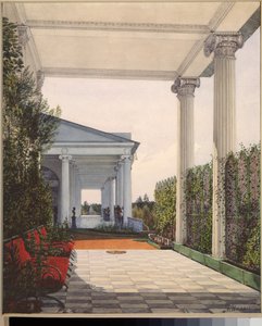 Uitzicht op de colonnade vanuit de kamer van keizerin Maria Alexandrovna in het grote paleis van Tsarkoye Selo door Konstantin Andreyevich Ukhtomsky