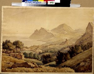 Berglandschap en ruïnes van een oude stad