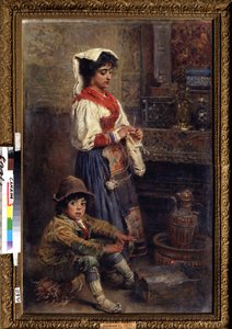 De modellen wachten op de kunstenaar door Konstantin Egorovich Makovsky