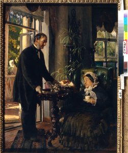 Een kasteelvrouwe. Een oude dame drinkt thee, bediend door een dienaar die haar brood en jam aanbiedt door Konstantin Egorovich Makovsky