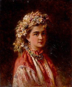 Jong meisje met bloemenkrans door Konstantin Egorovich Makovsky