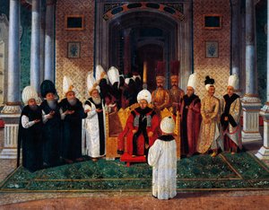 Selim III (1761-1808) ontvangt hoogwaardigheidsbekleders onder baldakijn van de Poort van Gelukzaligheid in Topkapi, detail van ceremonie voor de troonsbestijging van Sultan Suleyman III, ca. 1789
