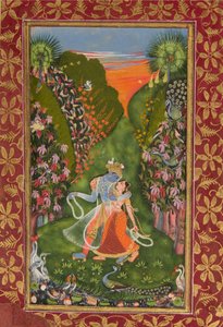 Radha en Krishna wandelen in een bloeiende tuin recto, Krishna fluitend verso, ca. 1720 r, ca. 1750-75 v door Kota Master