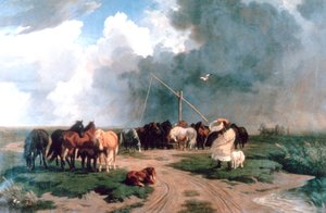 Paarden in de storm, 1862 door Károly Lotz