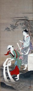 Twee schoonheden bij de Kristalrivier in Mishima door Kubo Shumman
