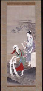 Twee schoonheden bij de Tamagawa (Kristalrivier) in Mishima door Kubo Shunman