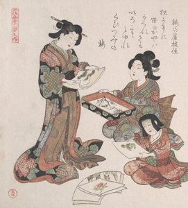 Twee vrouwen en een meisje die naar schilderijen kijken, waarschijnlijk 1815