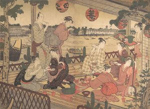 Twee jonge mannen en verschillende vrouwen dineren in een theehuis aan de oever van de Sumida-rivier, ca. 1788 door Kubo Shunman