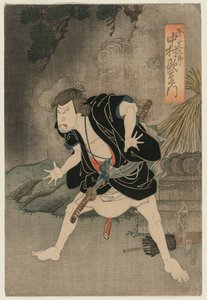 Nakamura Utaemon IV als Ono Sadakuro in Act V van Kanadehon Chushingura, Naka Theater, 1838 door Kunimasu Sadamasu