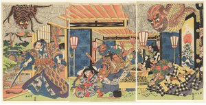Minamoto no Yorimitsu en zijn handlangers verslaan de aardspin, ca. 1804-1818 (houtsnede (nishiki-e); inkt en kleur op papier)