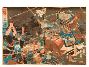 De Grote Slag bij Kawanakajima tussen Twee Generaals, c.1859-71 (houtsnede op papier)