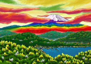 Regenboogkleurige Mt. Fuji voorbij de stad