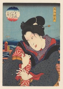 Sotoyama Myôshin op balkon bij rivier, Sotoyama Myôshin (titel op object), Biografieën van de Acht Hondenhelden (serie titel op object)