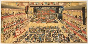 Odori-keiyo Edo-e no Sakae: Theaterinterieur met Shibaraku uitvoering, 1858 door Kunisada