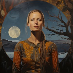 35-jarige Sami-vrouw met maansikkel, mysterieuze glimlach, gezicht en lichaam licht afgewend, lang blond haar 3